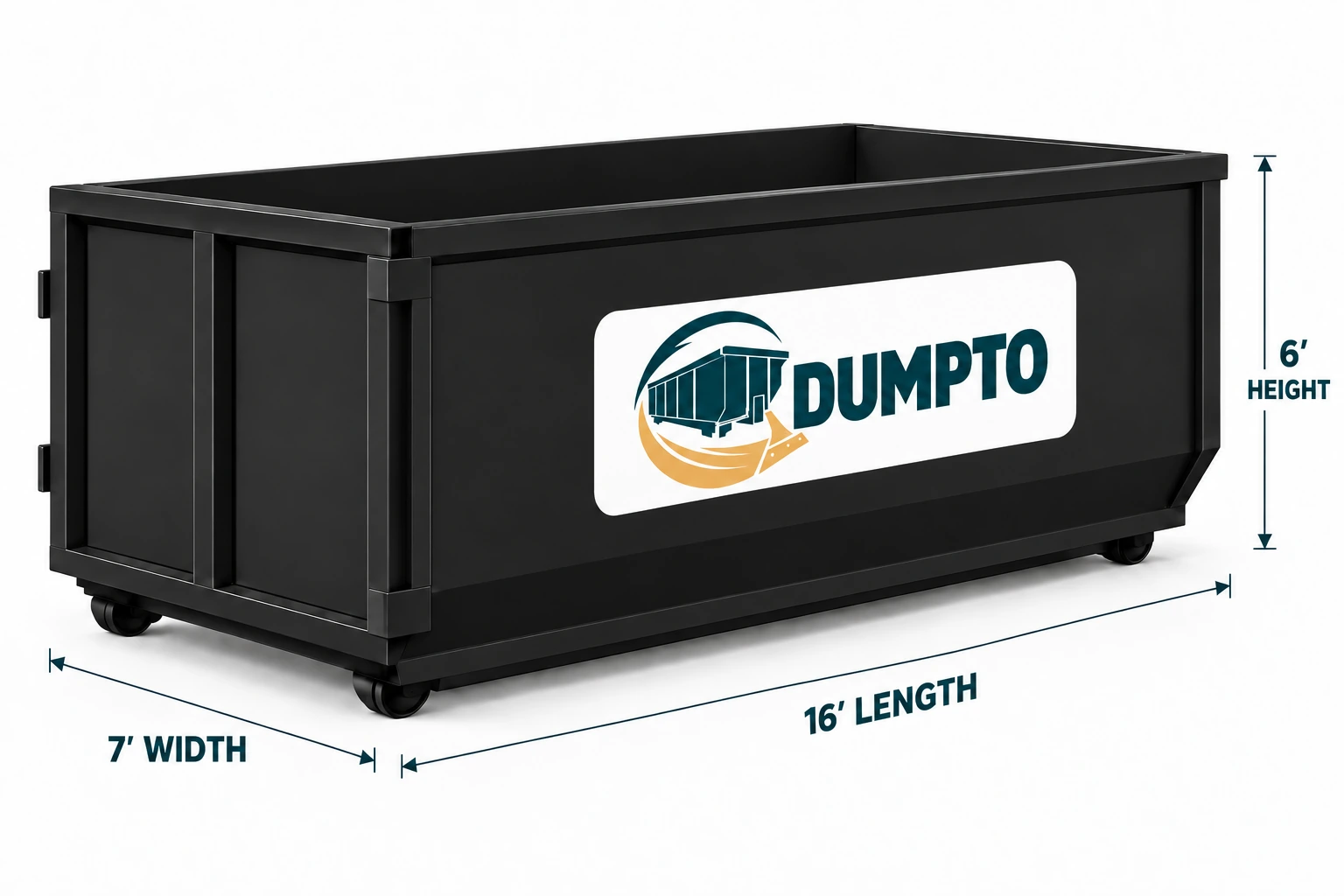 25 yard DUMPTO roll-off dumpster with dimensions L16' × W7' × H6'